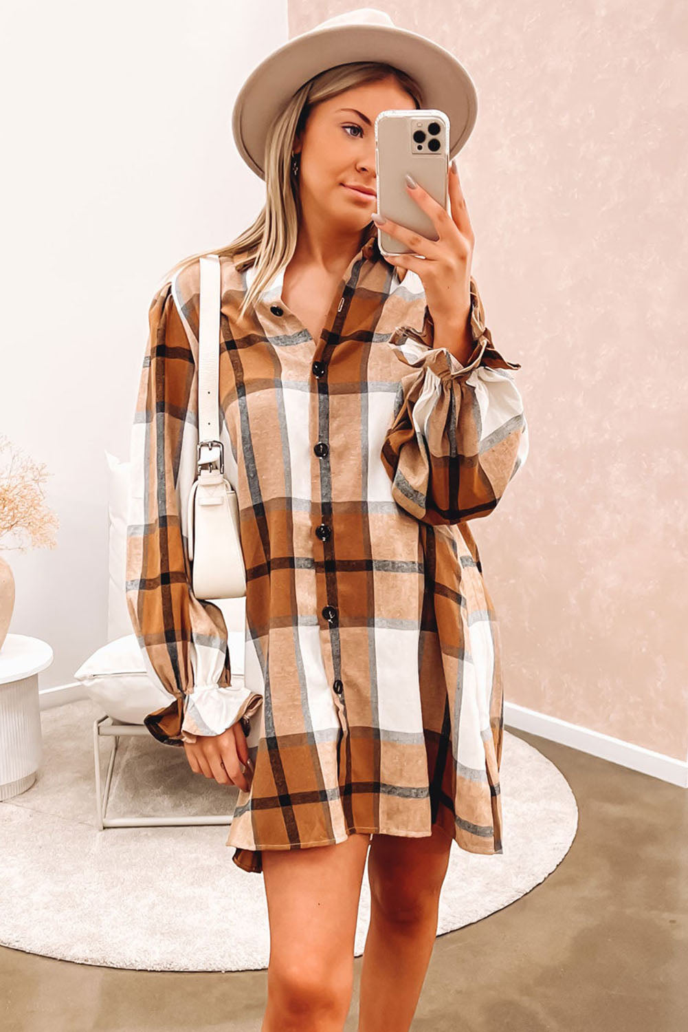 Khaki Plaid Collared Shirt Dress with Ruffled Sleeves - ALOE WINGS STORE