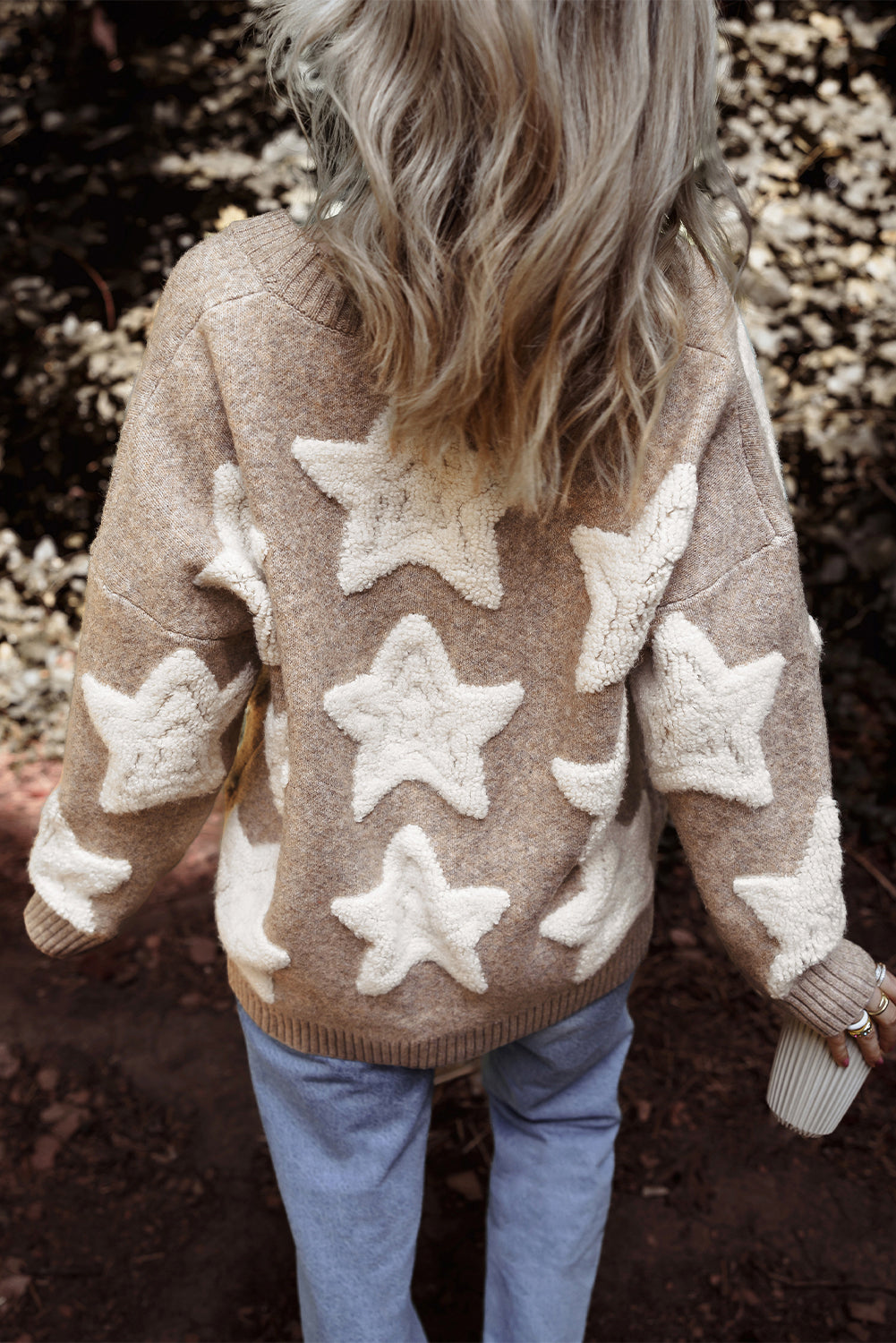 Khaki Sherpa Textured Cardigan with Star Pattern and Pockets - ALOE WINGS STORE