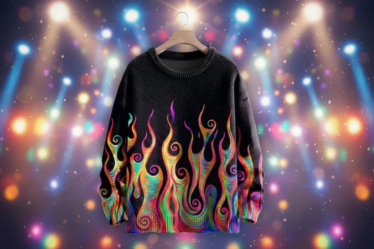 Black sweater with colorful flame pattern on a colorful, light-filled background