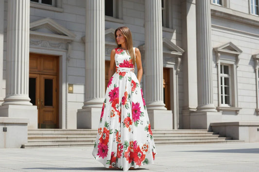 Woman in a floral dress standing in front of a classical building
