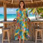 Relaxed floral maxi dress at beachside cabana — short-sleeve? Wait — no: full sleeves, V-neck, ankle-length, vacation ready. ✅ (Note: if sleeves are clearly full, keep “full sleeves”)