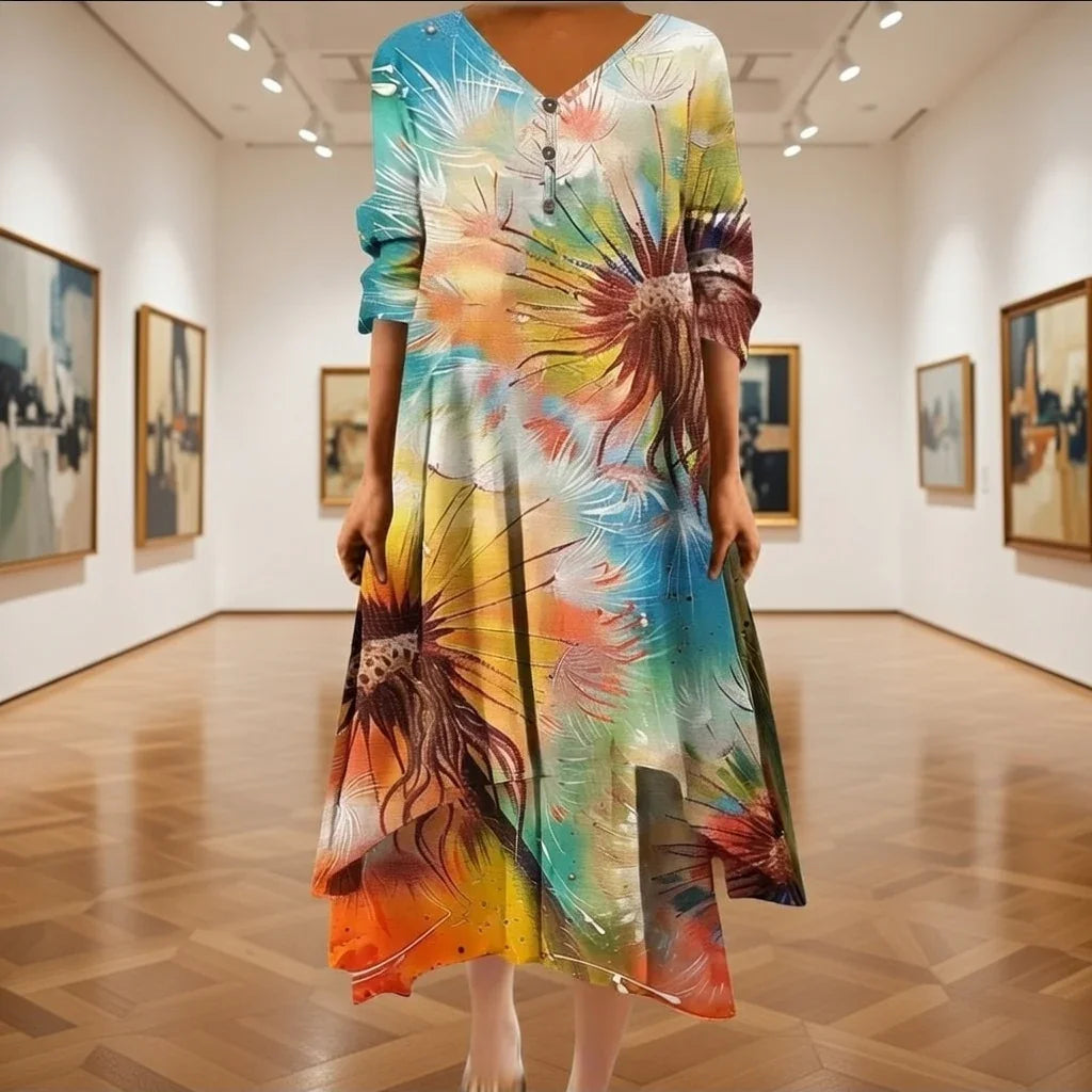 Back view of floral maxi dress: clean back, natural waist, subtle seam at inclined shoulder — ankle-length elegance.