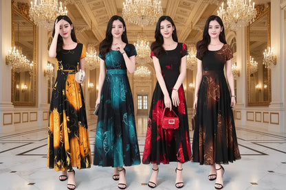 Four confident plus-size women wearing elegant floral knee-length dresses in black, teal, red, and mustard — slim-fit, waist-cinched, short-sleeve summer dresses in luxurious polyester.