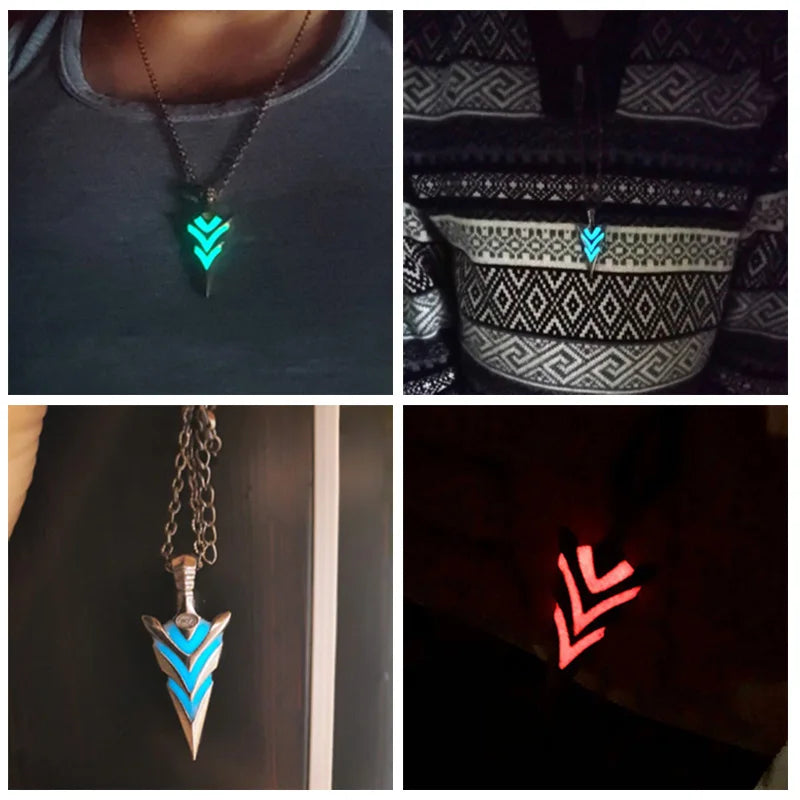 Collage of a glowing arrow-shaped pendant in different settings.