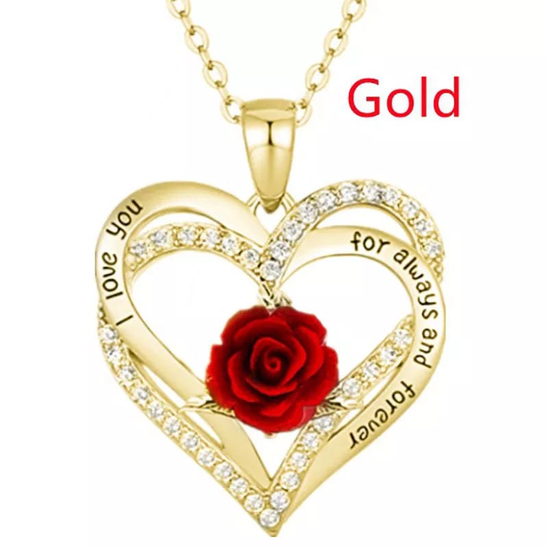 Gold/Silver/Rose Gold Plated Heart Shaped Rose Flower Pendant Necklace - ALOE WINGS STORE