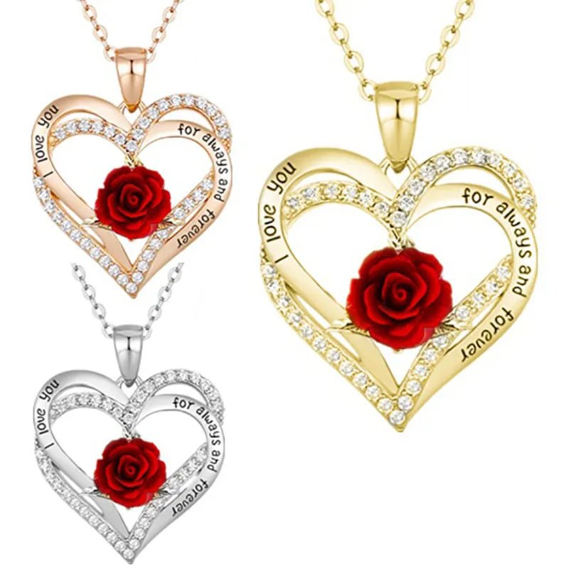 Gold/Silver/Rose Gold Plated Heart Shaped Rose Flower Pendant Necklace - ALOE WINGS STORE