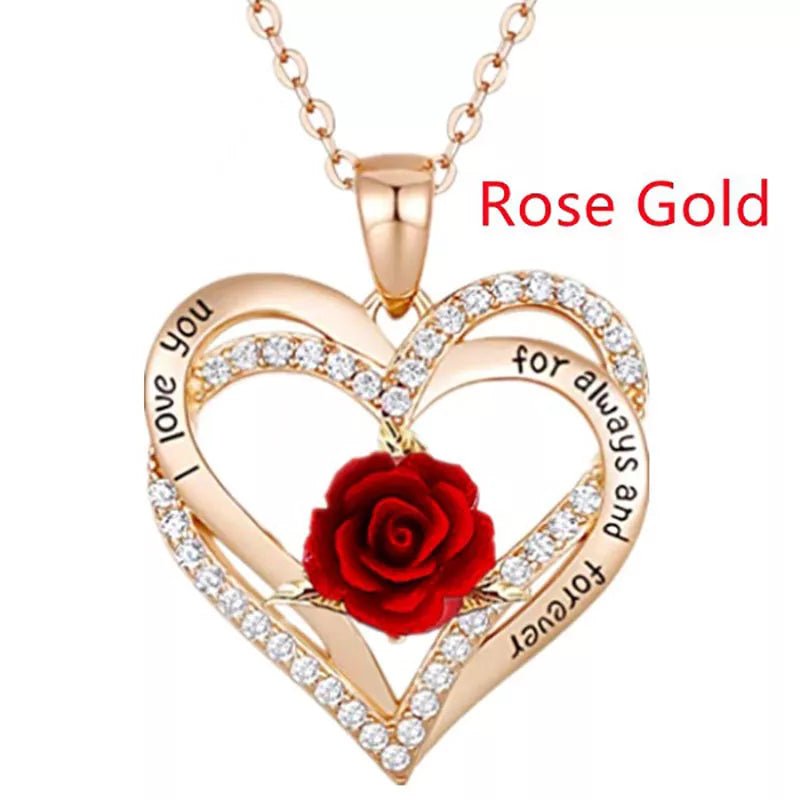 Gold/Silver/Rose Gold Plated Heart Shaped Rose Flower Pendant Necklace - ALOE WINGS STORE