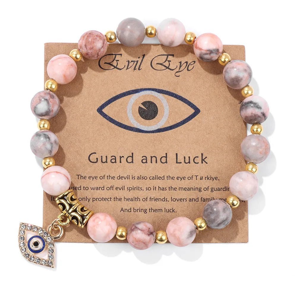 Turkish Evil Eye Protection Bracelet with Gemstone Beads and Information Card - Natural Stone, Luck & Protection Charm - ALOE WINGS STORE