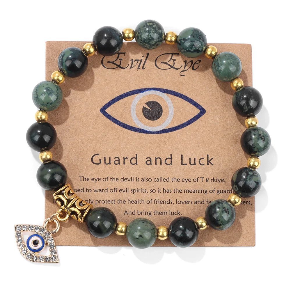 Turkish Evil Eye Protection Bracelet with Gemstone Beads and Information Card - Natural Stone, Luck & Protection Charm - ALOE WINGS STORE