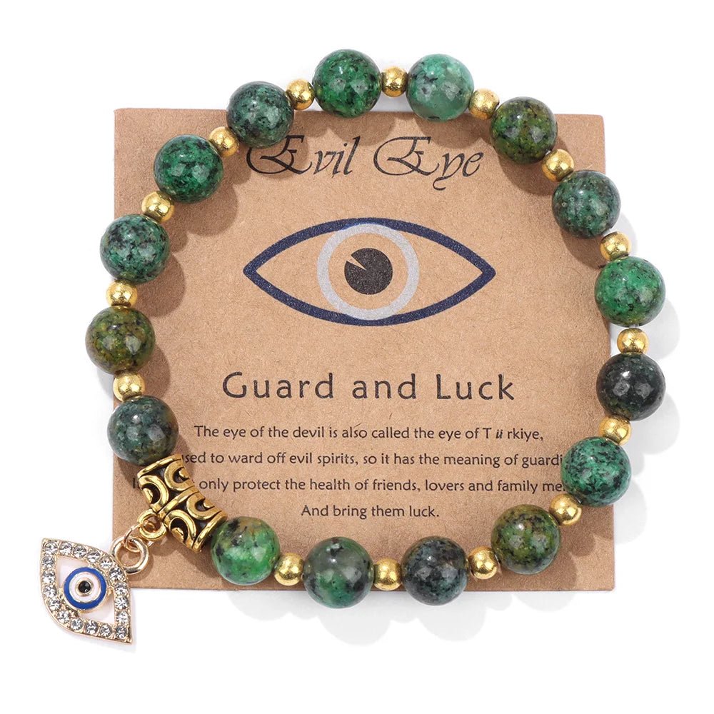 Turkish Evil Eye Protection Bracelet with Gemstone Beads and Information Card - Natural Stone, Luck & Protection Charm - ALOE WINGS STORE