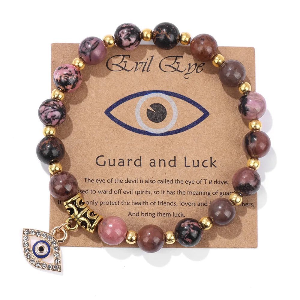 Turkish Evil Eye Protection Bracelet with Gemstone Beads and Information Card - Natural Stone, Luck & Protection Charm - ALOE WINGS STORE