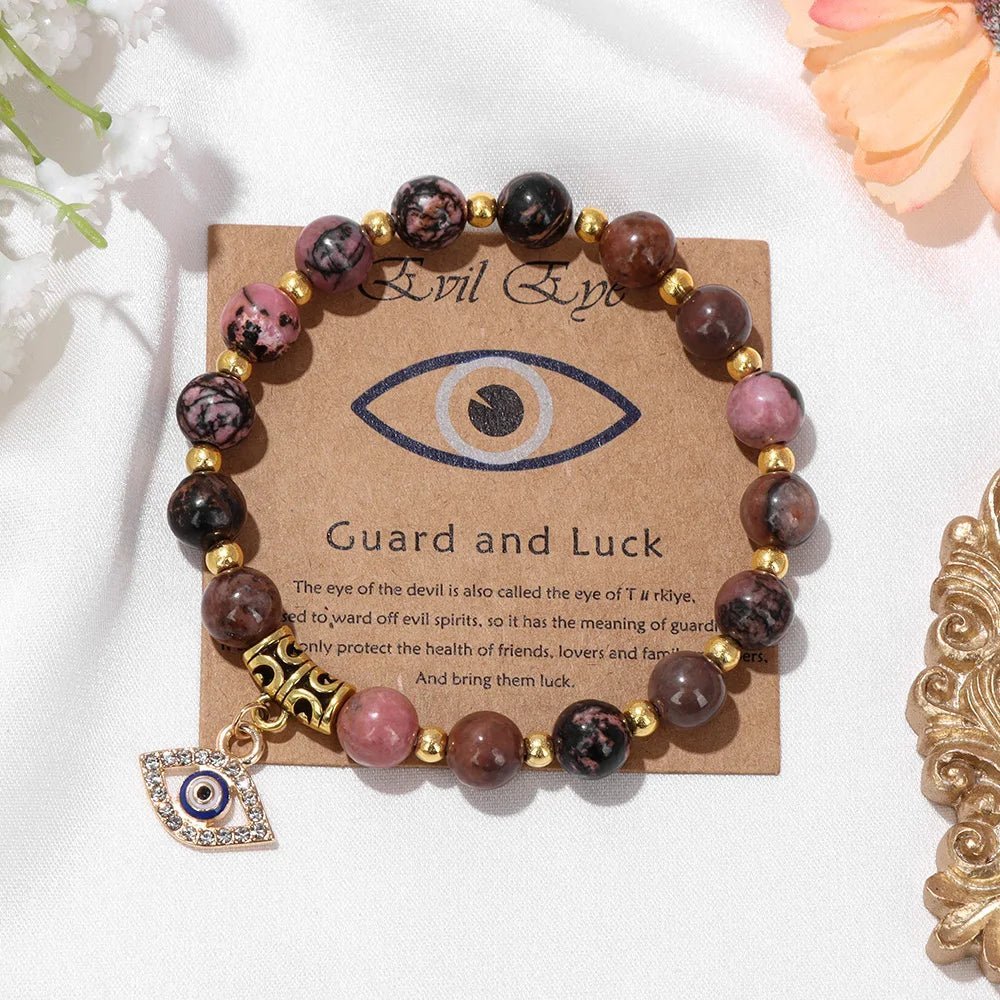 Turkish Evil Eye Protection Bracelet with Gemstone Beads and Information Card - Natural Stone, Luck & Protection Charm - ALOE WINGS STORE