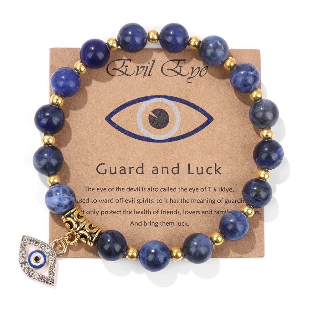 Turkish Evil Eye Protection Bracelet with Gemstone Beads and Information Card - Natural Stone, Luck & Protection Charm - ALOE WINGS STORE