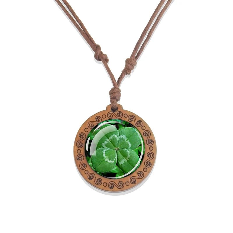 Irish Four Leaf Clover and St Patrick Glass Dome Wooden Pendant - ALOE WINGS STORE