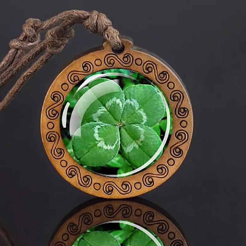 Irish Four Leaf Clover and St Patrick Glass Dome Wooden Pendant - ALOE WINGS STORE