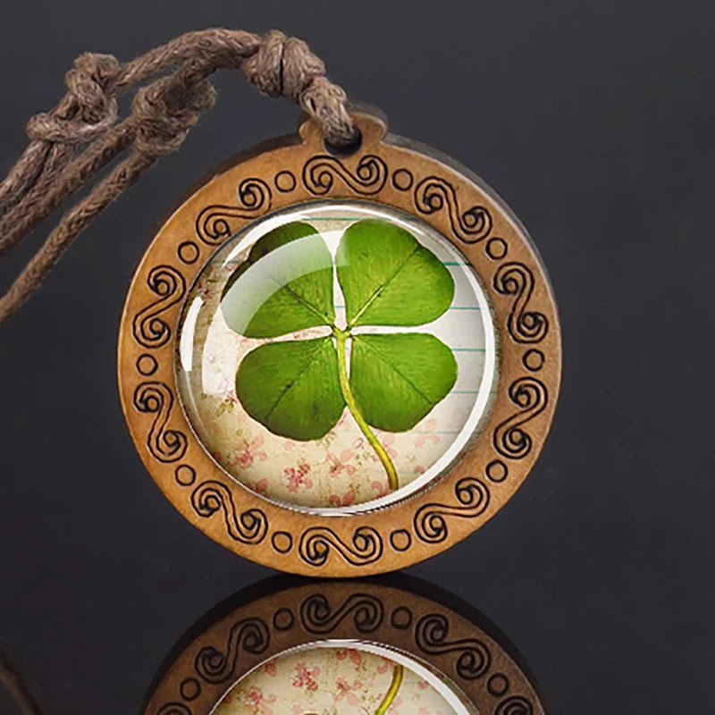 Irish Four Leaf Clover and St Patrick Glass Dome Wooden Pendant - ALOE WINGS STORE