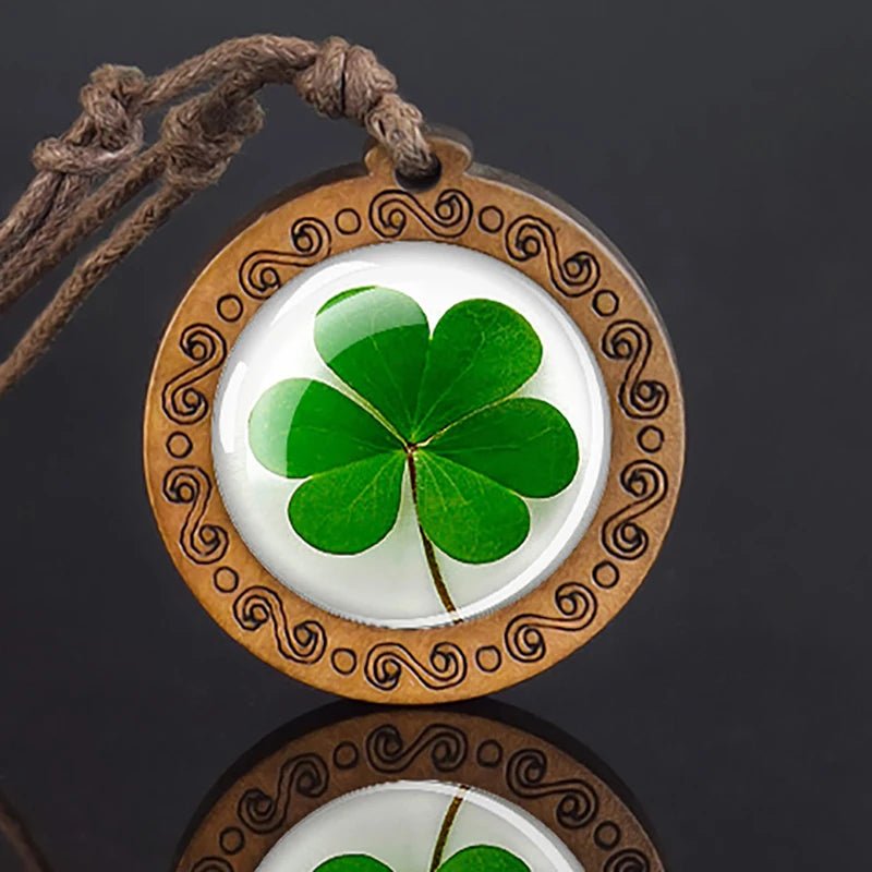 Irish Four Leaf Clover and St Patrick Glass Dome Wooden Pendant - ALOE WINGS STORE