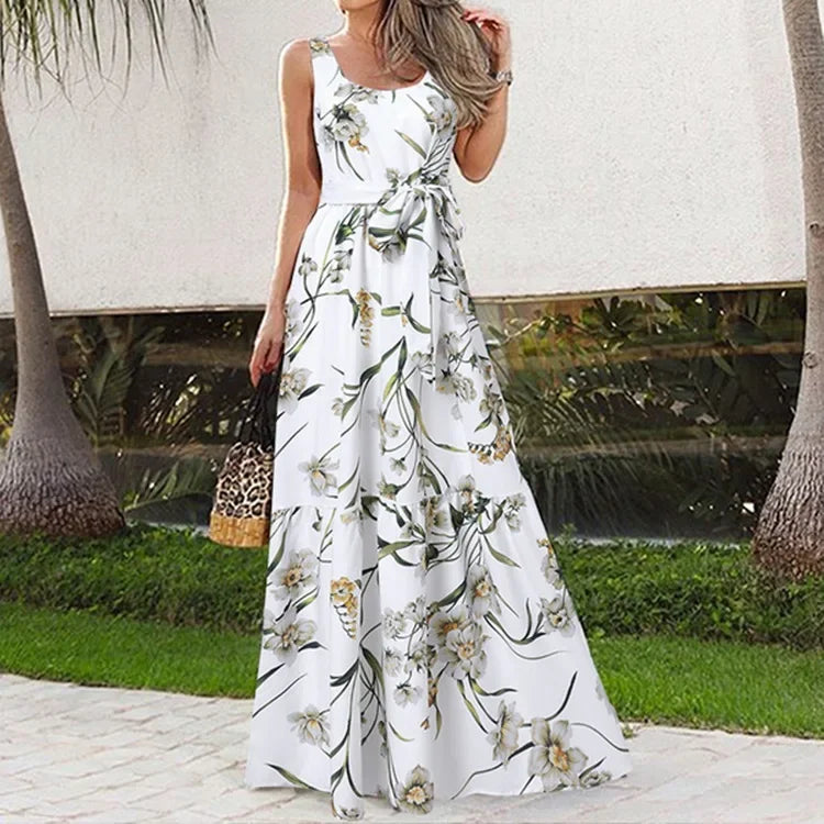 leaf print bohemian maxi dress for summer