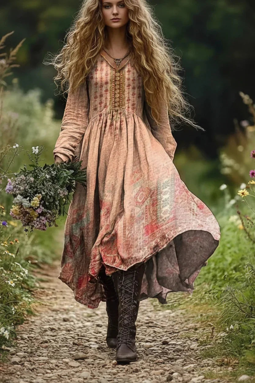 Person wearing a long, patterned dress holding flowers in a natural setting