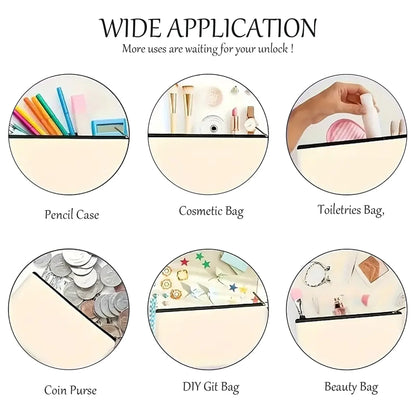 Various uses of a multi-functional bag including pencil case, cosmetic bag, toiletries bag, DIY bag, coin purse and beauty bag.
