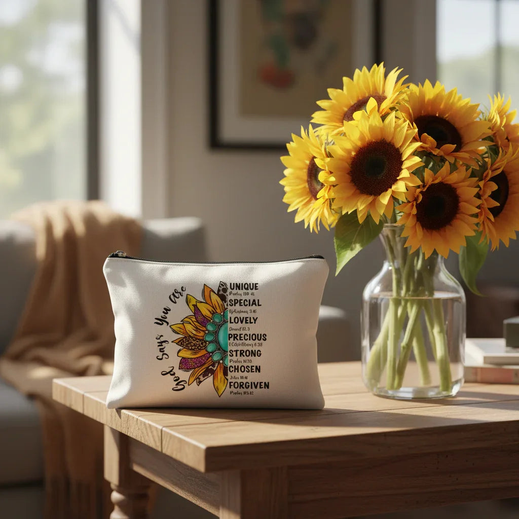 Person holding a pouch with a sunflower design and text on a plain background