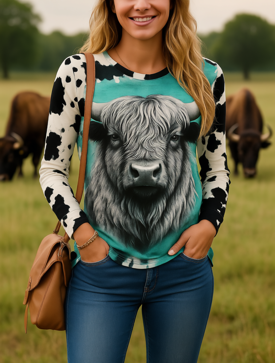 Cow silhouette with western sunset scene on women's animal print 