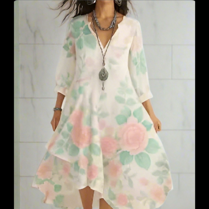 Soft white pastel floral dress with subtle pink roses, ideal for elegant daytime events or office wear.