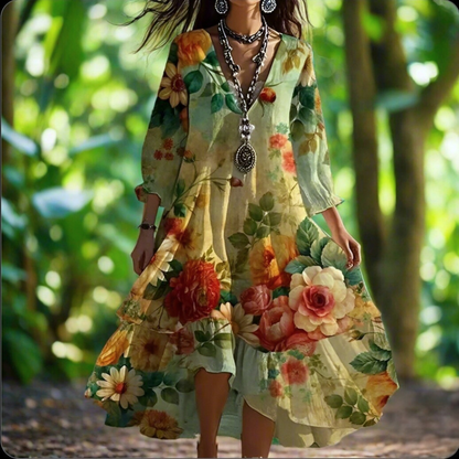 Women’s cream-colored floral dress with full sleeves and irregular hem, worn in a lush green garden setting.
