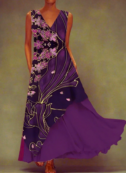 Purple Floral Boho Maxi Dress with Layered Skirt – Sleeveless V-Neck Summer Style