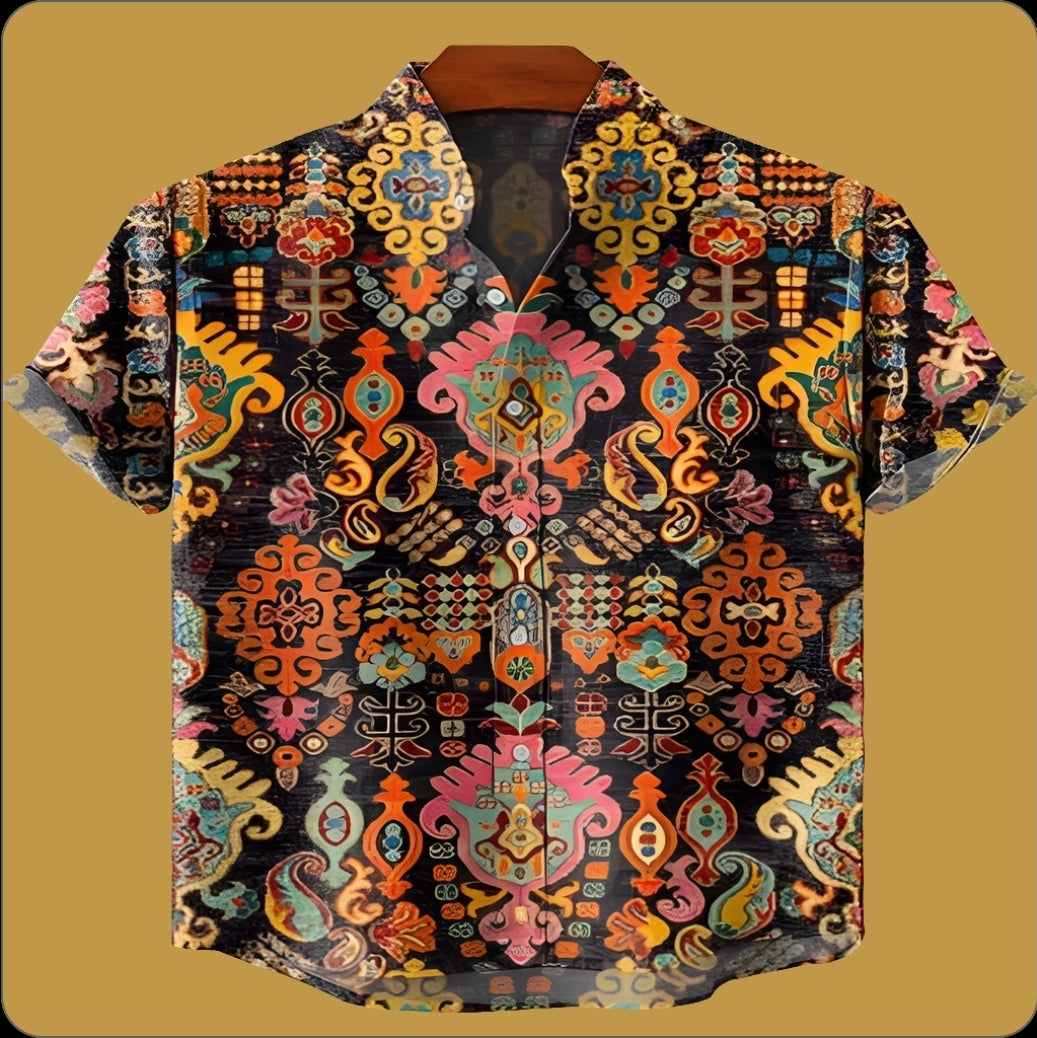 Men's Linen Blend Short Sleeve V-Neck Shirt – Forest Art Print Casual Shirt for Travel & Summer Wear