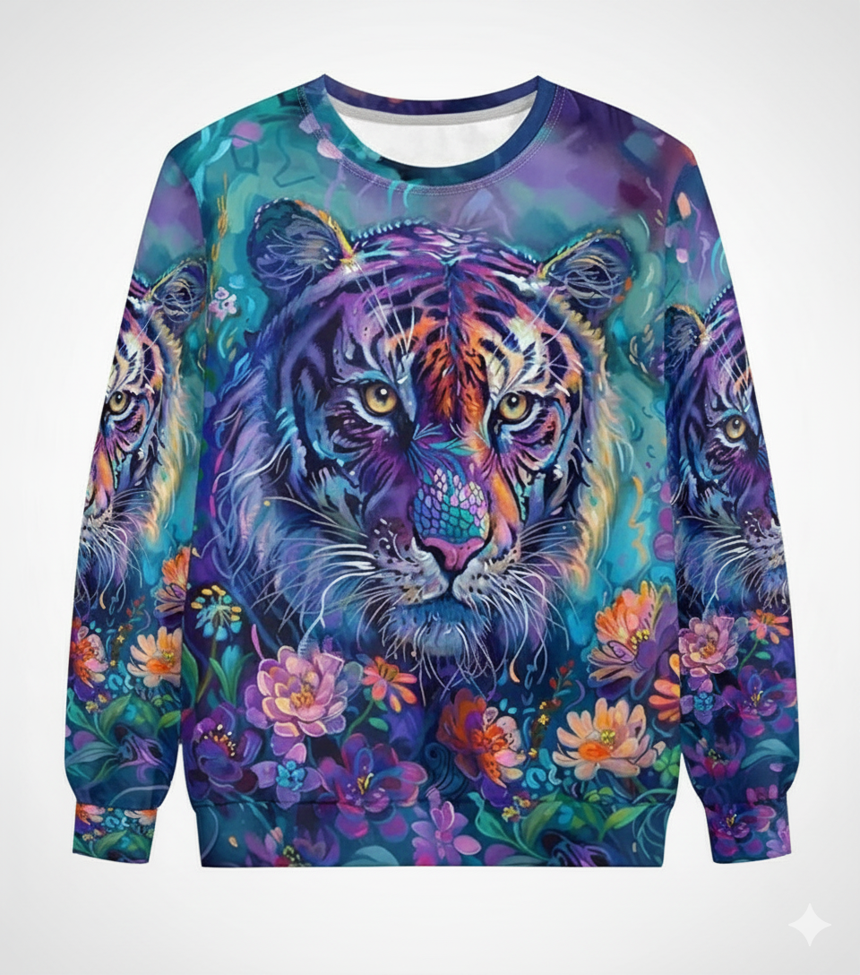 "Close-up of a purple tiger face 3D printed on a unisex sweatshirt with floral background."