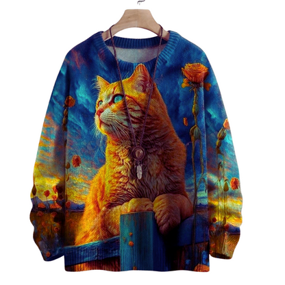 Vintage-Inspired Cat Art 3D Print Unisex Pullover Sweaters - Cosy Novelty Knitwear