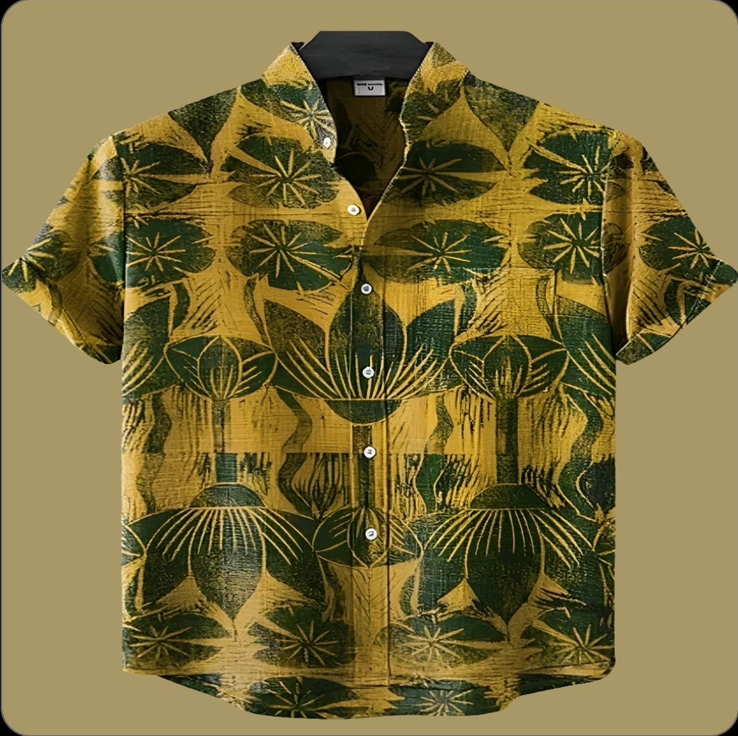 Yellow Tropical Palm Leaf Pattern Beach Shirt