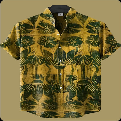 Yellow Tropical Palm Leaf Pattern Beach Shirt