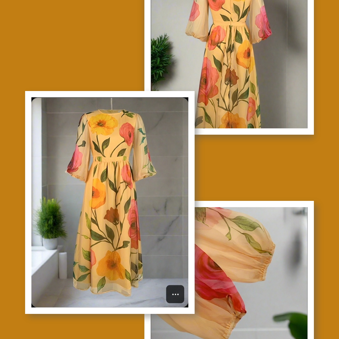 Collage of Gymystars chiffon floral midi dress: full view, fabric detail, and close-up of the puff sleeves.