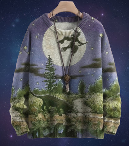 Purple 3D printed Halloween sweater with a witch flying on a broomstick over a moonlit forest