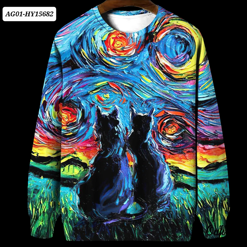 Night Sky Cat Abstract Art Plus Size Included Sweatshirt [SELECTION] - ALOE WINGS STORE