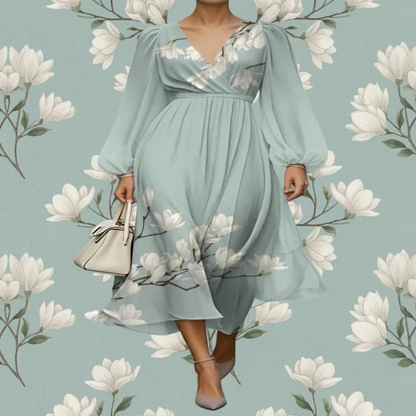​Women's patterned knee-length dress in soft pastel floral design