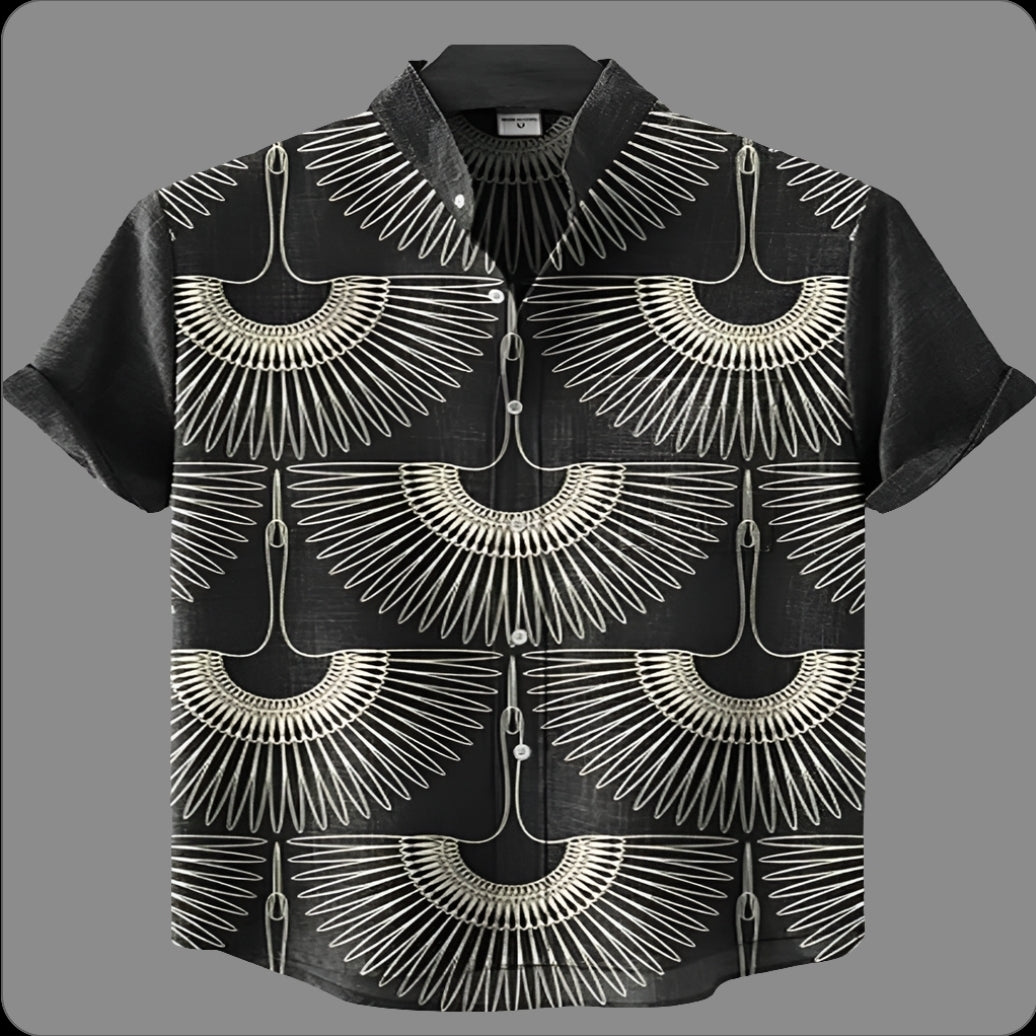 Men's Linen Blend Short Sleeve V-Neck Shirt – Forest Art Print Casual Shirt for Travel & Summer Wear