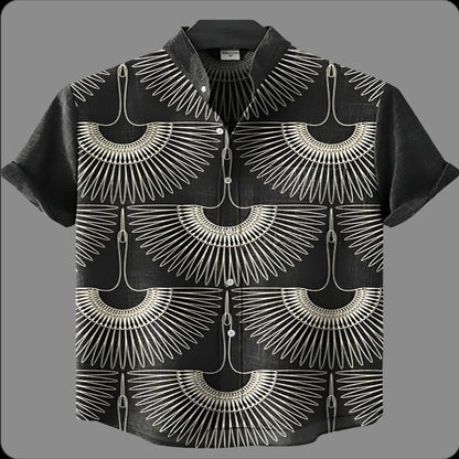 Men's Linen Blend Short Sleeve V-Neck Shirt – Forest Art Print Casual Shirt for Travel & Summer Wear
