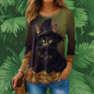 Greenish-brown sweater with a large black cat wearing a witch hat – whimsical Halloween animal print.