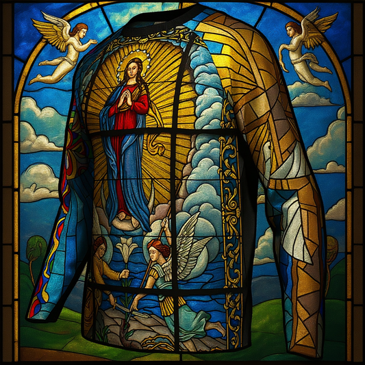 Religious Cycling Jersey – Stained Glass Jesus & Virgin Mary Long Sleeve MTB Bike Shirt for Men & Women | Breathable, Quick-Dry, Unisex Church Wear for Mountain Biking & Road Cycling