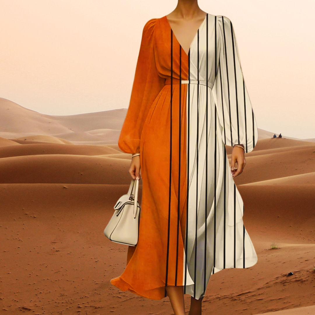 "Vibrant orange abstract print midi dress with flowing long sleeves