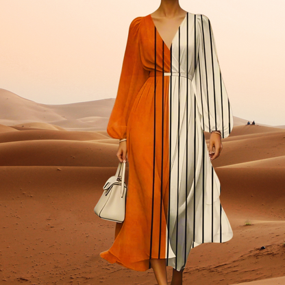 "Vibrant orange abstract print midi dress with flowing long sleeves