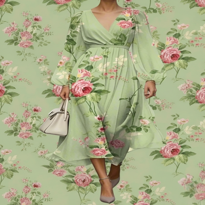 ​Green floral print knee-length dress with full sleeves, walking on a street