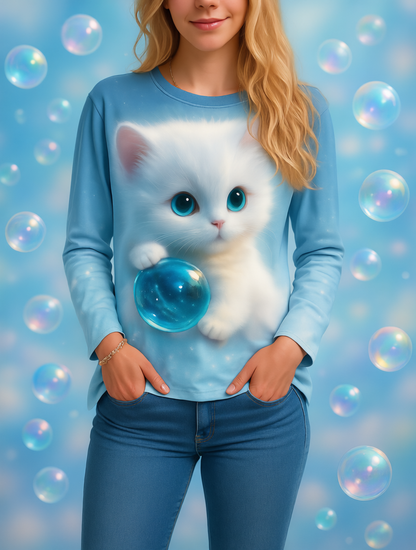 Blue cat holding bubble ball on 3D printed women's sweater, perfect for cat lovers