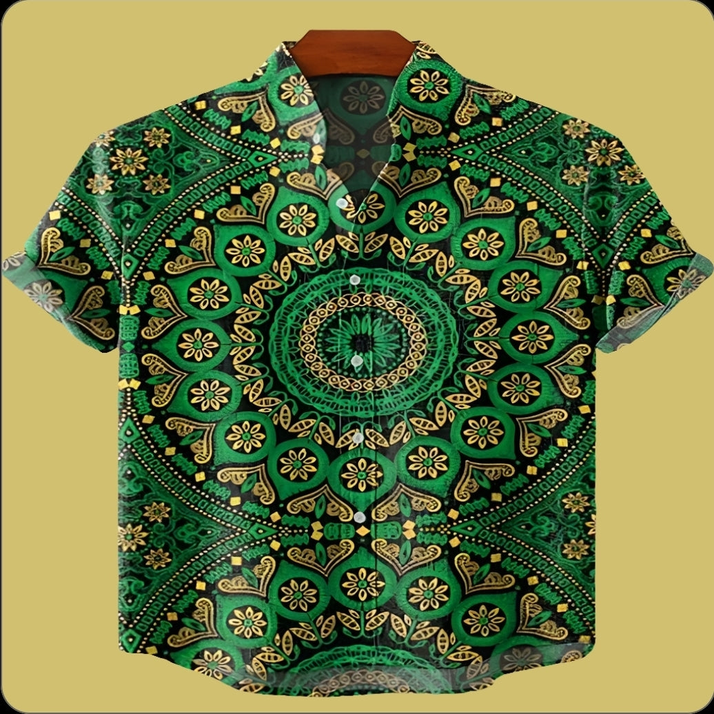 Emerald Green Circular Mandala Design Linen Shirt