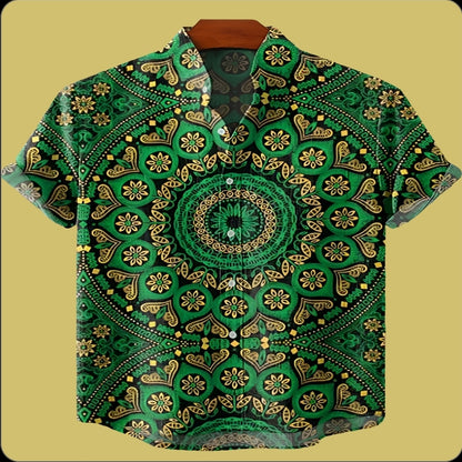 Emerald Green Circular Mandala Design Linen Shirt