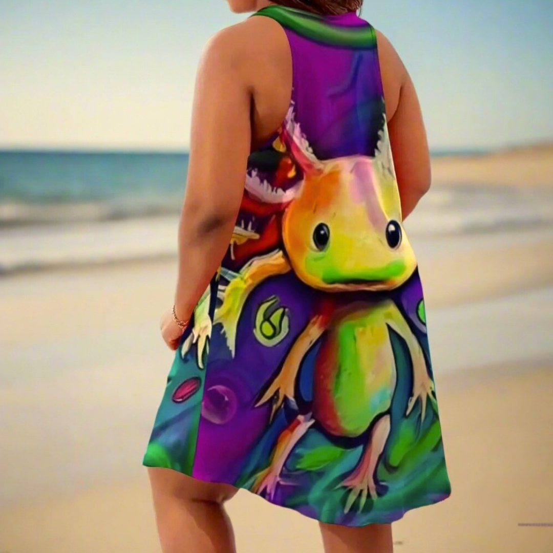 Front and back views of a woman wearing a vibrant sleeveless maxi dress featuring a large, colourful psychedelic axolotl (salamander) graphic