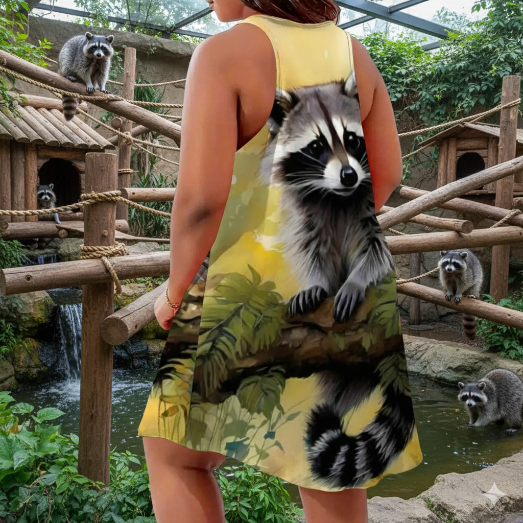 Cute Raccoon Graphic Dress for Women: Casual Sleeveless Forest Animal Apparel